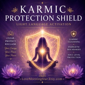 May include: Digital art featuring a meditating figure within a golden shield, with the text "KARMIC PROTECTION SHIELD" and "LIGHT LANGUAGE ACTIVATION." Purple lotus flowers flank the figure. The image promotes karmic cleansing and energetic boundaries.