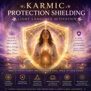 Peut inclure: Image avec le texte "KARMIC PROTECTION SHIELDING" et "LIGHT LANGUAGE ACTIVATION". Elle présente une femme méditant à l'intérieur d'un bouclier lumineux. L'image comprend du texte sur l'énergie, la paix, le pouvoir et la protection de l'âme.