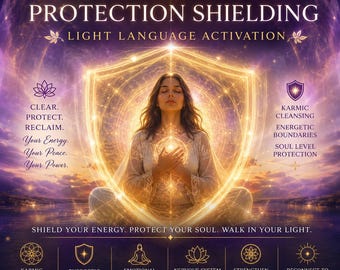 May include: An image with the text "KARMIC PROTECTION SHIELDING" and "LIGHT LANGUAGE ACTIVATION". It features a woman meditating inside a glowing shield. The image includes text about energy, peace, power, and soul protection.
