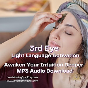 May include: A woman with closed eyes holds a green crystal to her forehead. Text on the image reads "3rd Eye Light Language Activation Awaken Your Intuition Deeper MP3 Audio Download". The Etsy shop name and website are also visible.