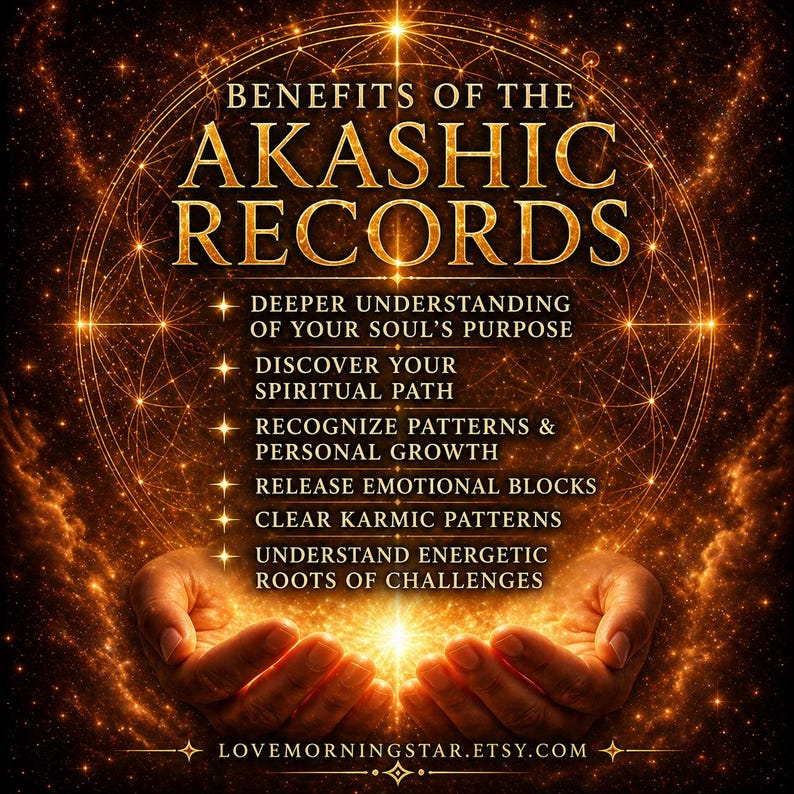 May include: A digital graphic titled BENEFITS OF THE AKASHIC RECORDS featuring a golden geometric pattern on a dark background. It lists six points about soul purpose, spiritual paths, growth, emotional blocks, karmic patterns, and energetic roots.