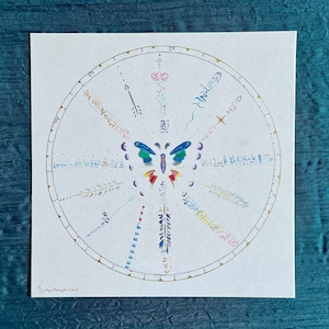May include: A white circular mandala with a colorful butterfly in the center. The mandala has a gold border and is decorated with various symbols and patterns in different colors, including blue, green, red, yellow, and purple.