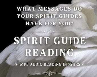 Puede incluir: Pétalos de flores blancas sobre un fondo negro con el texto: WHAT MESSAGES DO YOUR SPIRIT GUIDES HAVE FOR YOU? SPIRIT GUIDE READING, MP3 AUDIO READING IN 72HRS, y LoveMorningStar.Etsy.com.