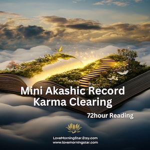 Könnte beinhalten: Ein offenes Buch mit dem Text "Mini Akashic Record Karma Clearing" und "72hour Reading". Die Buchseiten zeigen eine Landschaft mit Treppen, Schmetterlingen und einem goldenen Schein, vor einem bewölkten Himmel.