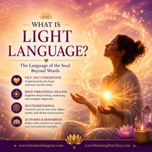 May include: An image with the text "WHAT IS LIGHT LANGUAGE?" and a woman in a white dress meditating. The image includes text about the language of the soul, high vibrational healing, and multidimensionality. The background is a warm, glowing sunset.