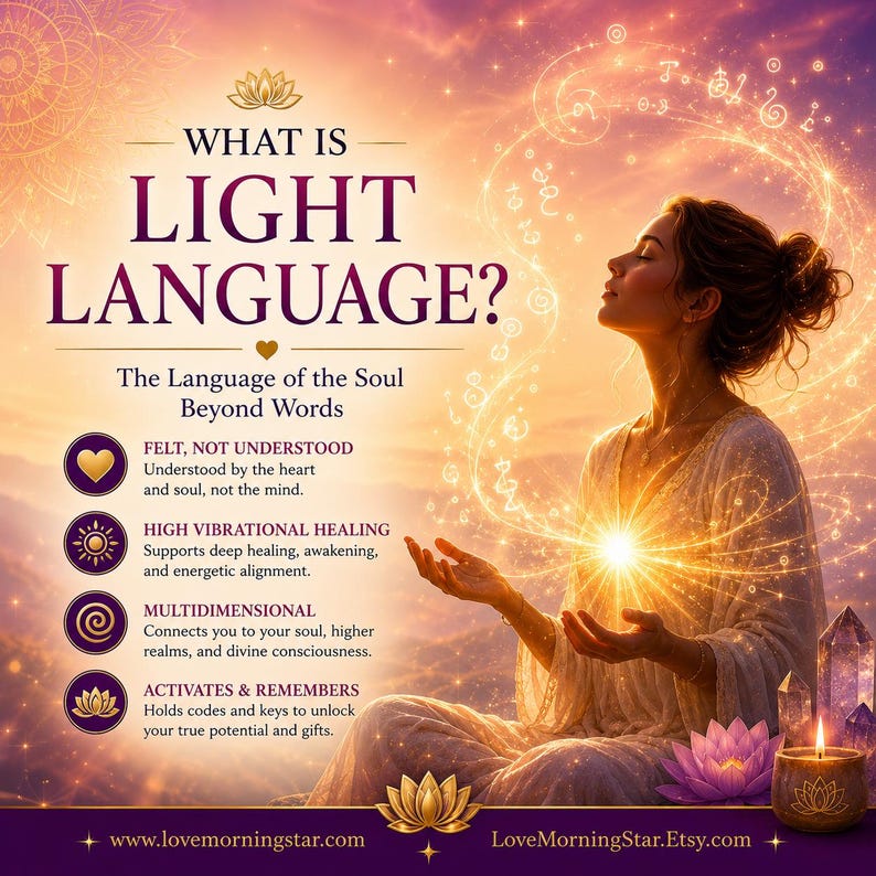 May include: An image with the text "WHAT IS LIGHT LANGUAGE?" and a woman in a white dress meditating. The image includes text about the language of the soul, high vibrational healing, and multidimensionality. The background is a warm, glowing sunset.