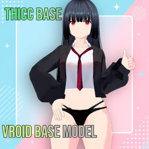 May include: A digital illustration of an anime-style character. She is dressed in a black blazer, white shirt, and a red tie, with black underwear. The image includes the text "THICC BASE" and "VROID BASE MODEL".