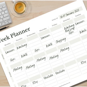 Weekly Planner template, Minimalist Weekly Planner, Weekly schedule planner, Week at a Glance, Week Planner  Undated, Week on one page #