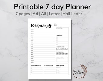 Daily Planner pad, Printable 7 Day Planner, Daily Schedule, Work Planner, Hourly Planner, Daily Meal Planner, Water Tracker #
