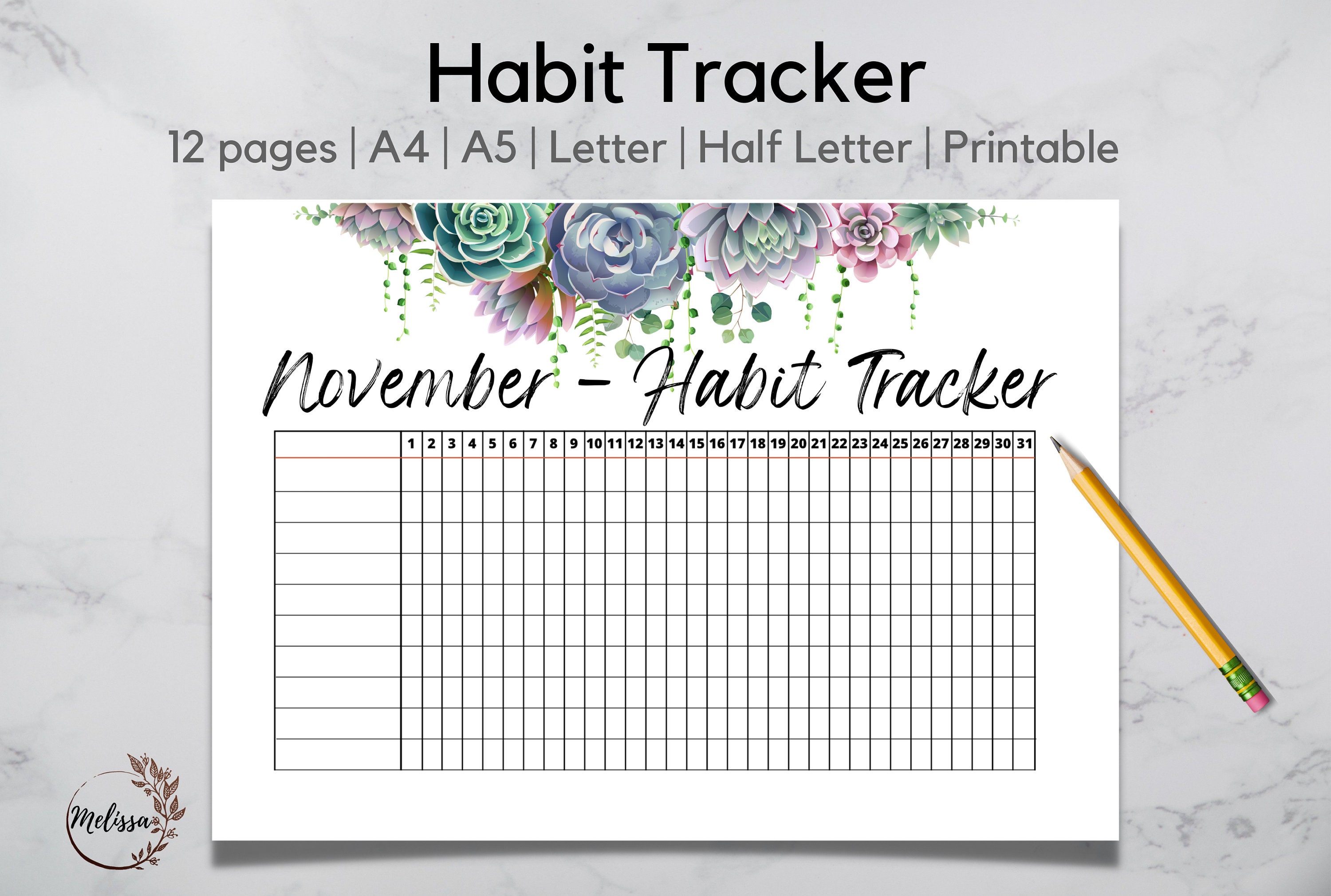 Habit Tracker Printable Weekly, Monthly Habit Tracker,  30 Day habit tracking, Routine Tracking Habits, Yearly Habit Tracker #