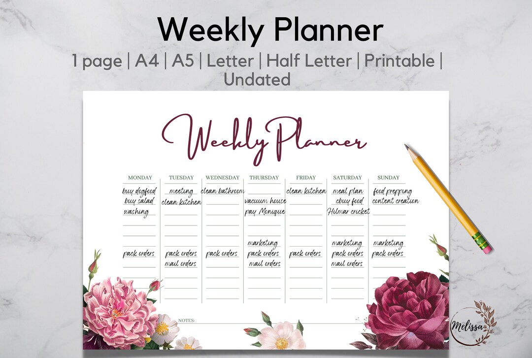 WEEKLY PLANNER Undated | Week at a Glance Printable | Weekly Planner ...