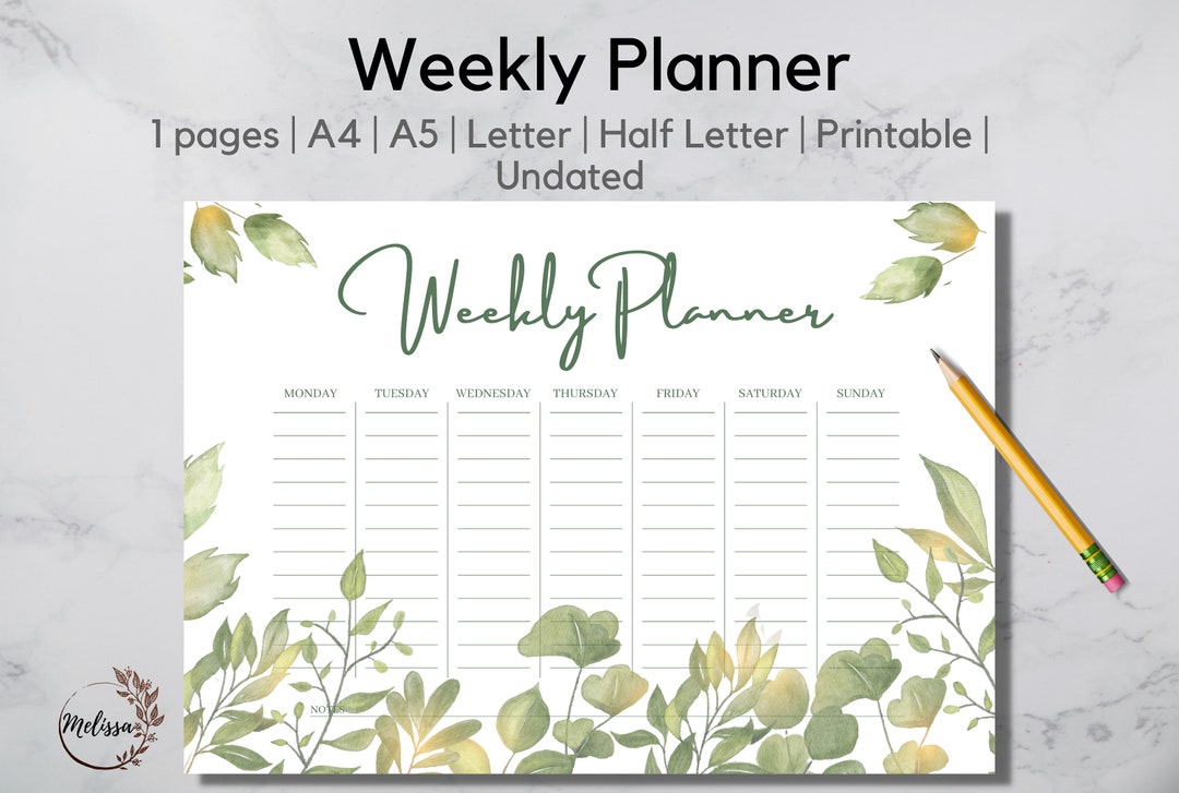 Weekly Planner Undated | Week at a Glance Printable | Week on One Page ...