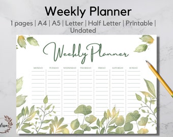 Weekly Planner Undated | Week at a Glance Printable | Week on one Page Printable | W01P, PNG, A4, A5, Letter Size | Work Daily Planner |