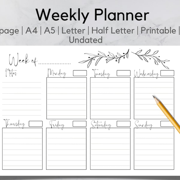 Weekly Schedule Planner, Week at a Glance Printable, Weekly Planner Undated, Week on one Page Printable, Work Daily Planner #
