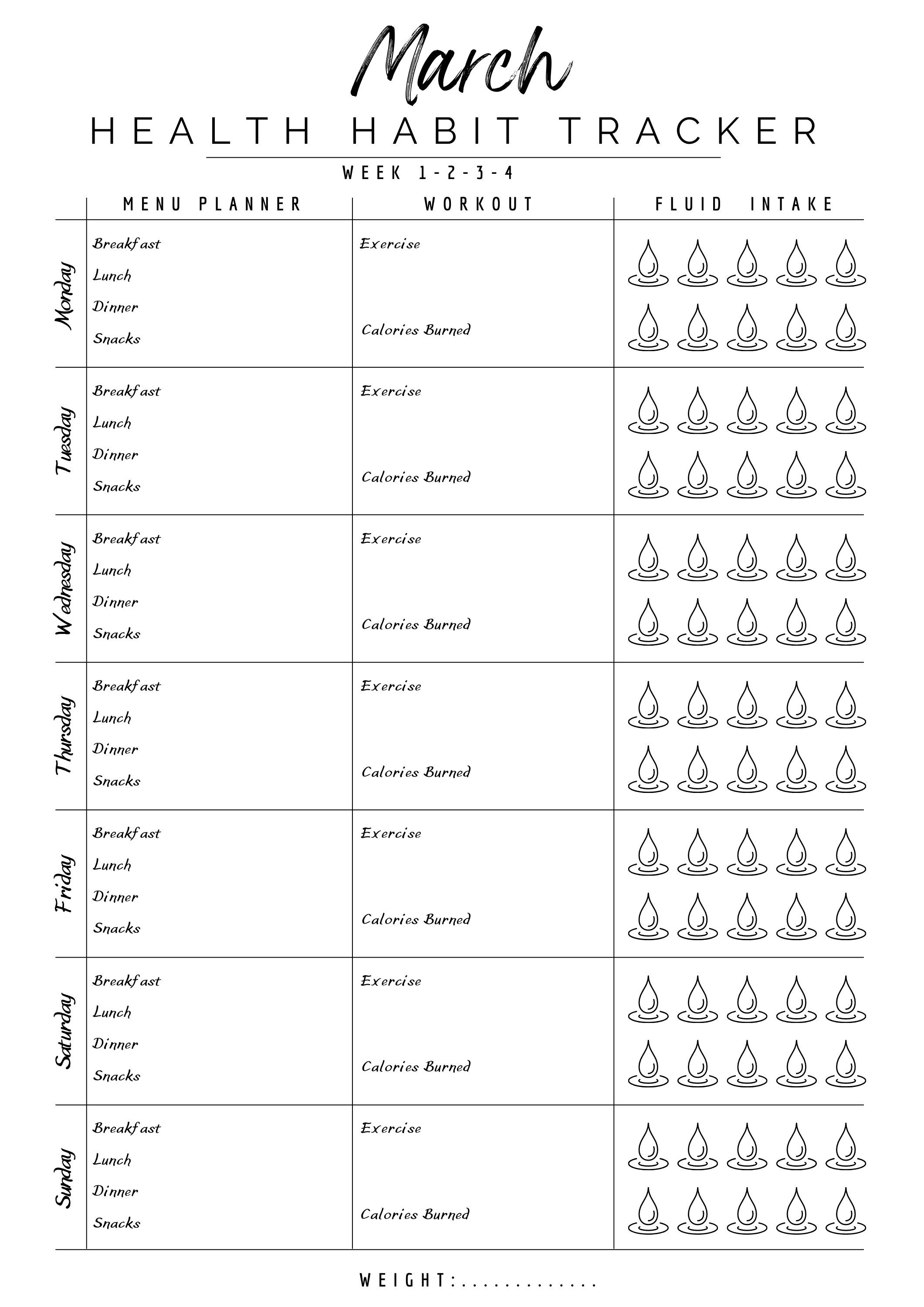 Health Habit Tracker Printable Weekly, Daily HABIT Tracker Pad, Weight