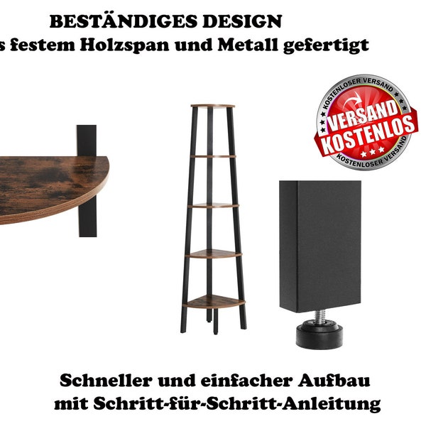 Industrie-Design Eckregal 5 Ablagen Vintage Eleganz im Retro Design Klassische Holzmaserungen und Industriedesign aus robustem Eisen