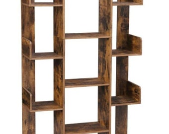 Bücherregal in Baumform, Standregal mit 13 Fächern, Aufbewahrungsregal, 86 x 25 x 140 cm, mit abgerundeten Ecken, Vintagebraun