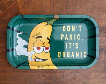 Badass Banana Rolling Tray - “Don’t Panic, It’s Organic” | Decorative Metal Tray with Funny Banana Smoking