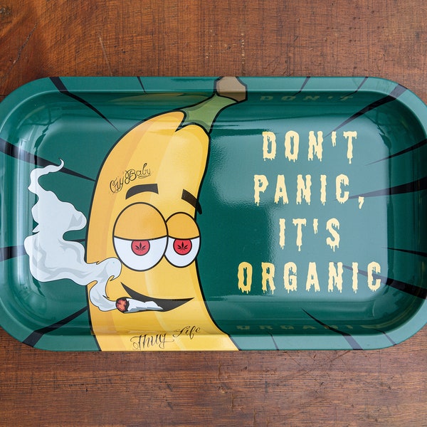 Badass Banana Rolling Tray - “Don’t Panic, It’s Organic” | Decorative Metal Tray with Funny Banana Smoking
