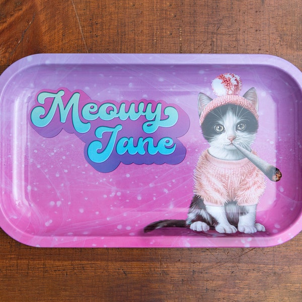 Meowy Jane Rolling Tray | Cute Decorative Metal Pink Rolling Tray with Kitten Enjoying Rolled Up Catnip