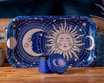 Rolling Tray Set | Stylized Sun & Moon Rolling Tray with Matching Grinder for Spices, Herbs, or Tea - Perfect Gift for Anyone