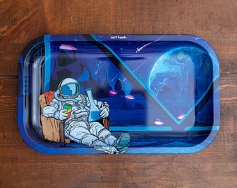 Astro Chillin' Rolling Tray | Decorative Metal Tray with Astronaut in Space on Alien Planet