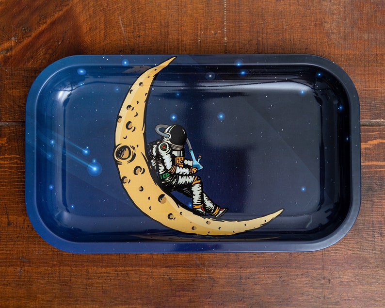 Moon Man Rolling Tray | Decorative Metal Tray with Astronaut Sitting on Crescent Moon in Space 