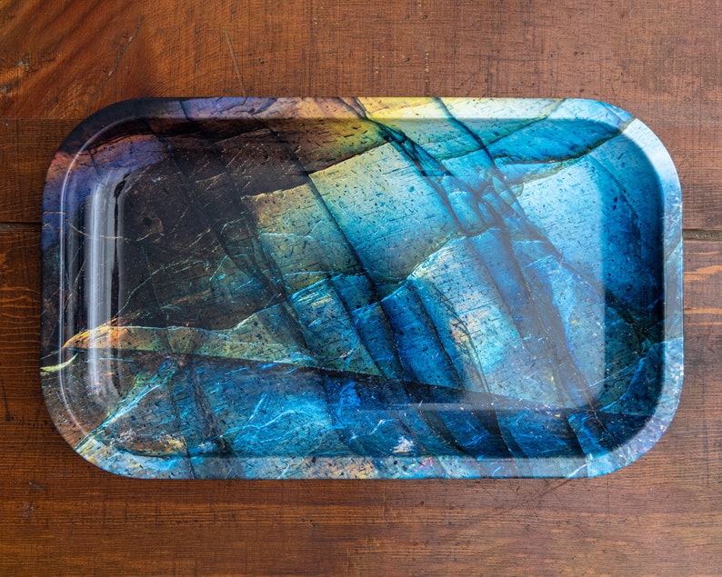 Blue Labradorite Rolling Tray | Decorative Metal Tray with Crystal Design 