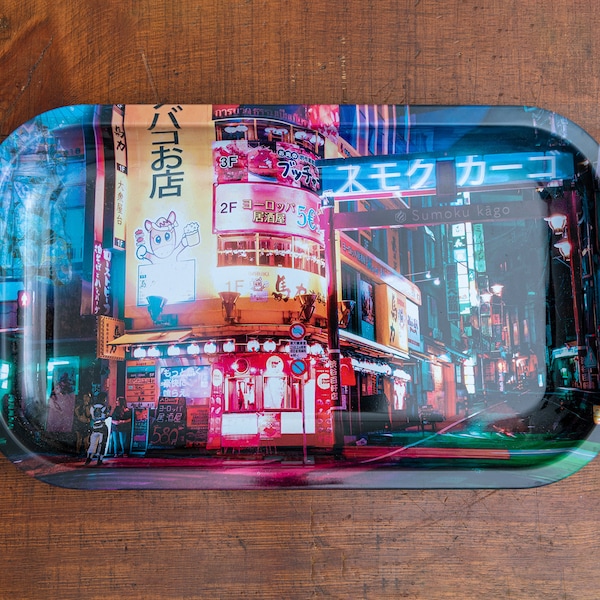 Cyberpunk Japan Rolling Tray | Decorative Metal Tray with Design Featuring Cyberpunk Japanese Streets with Neon Lights