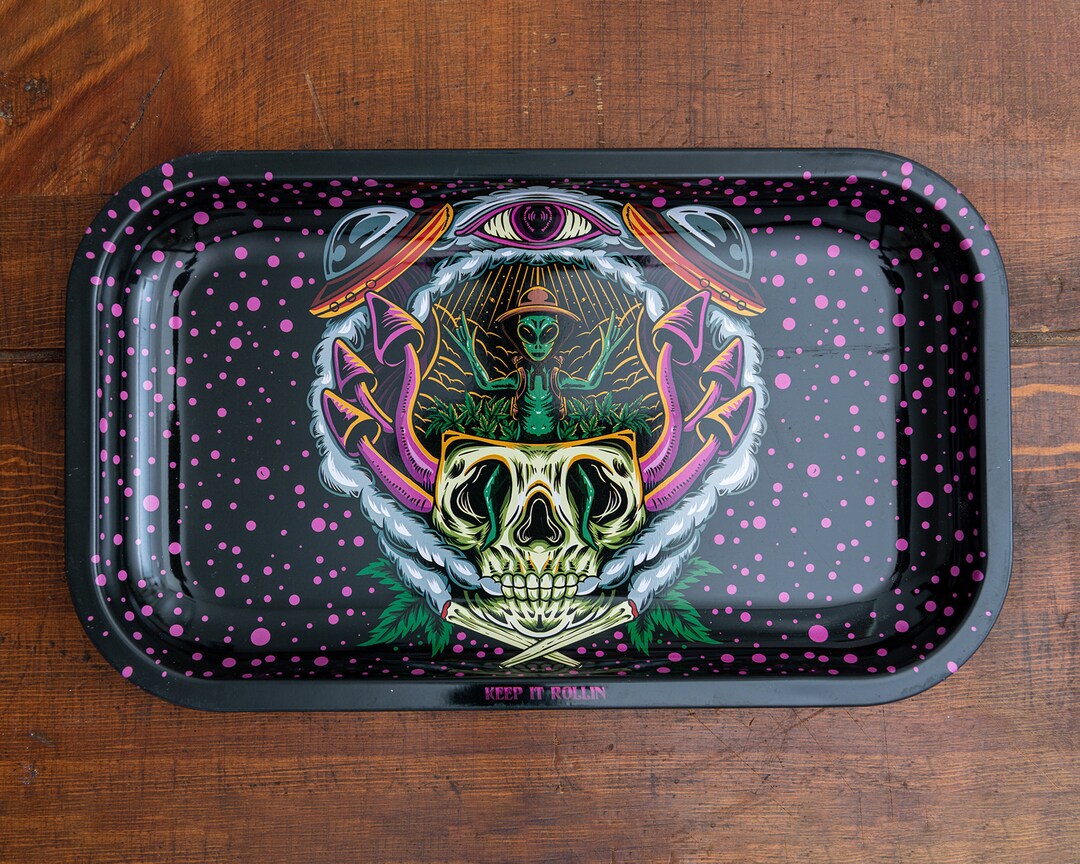 Alien Farmer Rolling Tray Decorative Metal Tray With Cool Alien in