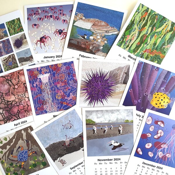 2024 Postcard Size Desk Calendar ONLY, Sea Life Coast Art Calendar, Reusable Ocean Animal Illustrations Calendar, Mini Calendar 2024
