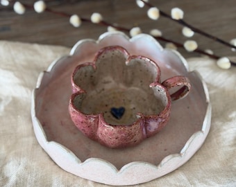 ceramic pink flower cup with blue heart earthy mug rustic minimalist large espresso cup  aesthetic coffee  fired with love