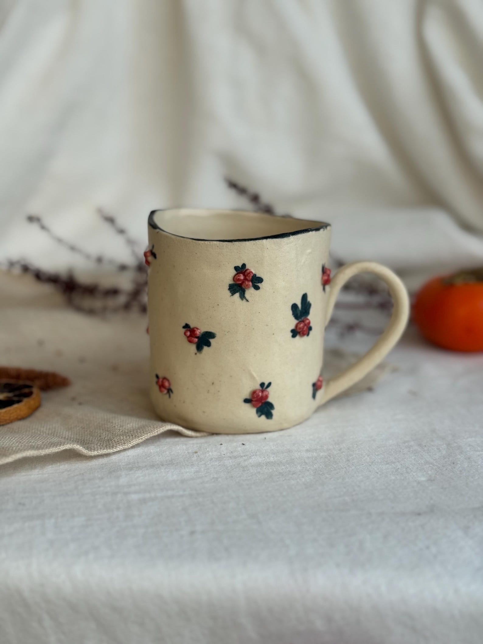 ceramic holly Christmas red berry mug pottery earthy mug rustic minimalist cup aesthetic coffee latte gift for her fired with love - Holly flower mug
