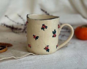 ceramic holly Christmas red berry  mug pottery earthy mug rustic minimalist  cup  aesthetic coffee latte  gift for her fired with love