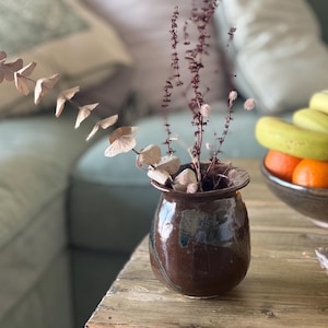 Brown handmade ceramic vase fired with Love best for flowers decoration and gift rustic minimal stonware medium vase.