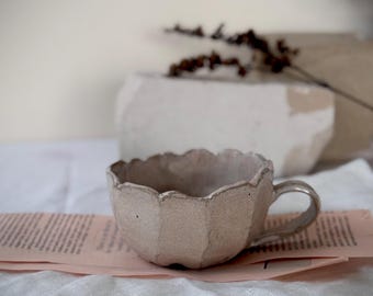 Ceramic Pleated , petal Latte Farmhouse cup,  Cappuccino Cup with Timeless Charm, Unique Beige Wavy, Cream Primitive Rustic cup
