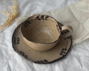 Rustic WabiSabi cup and Saucer Set Handcrafted with Soul with leaf pattern by keejan