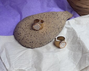 keejan stainless steel and ceramic handmade rings white circle with gold glaze rim