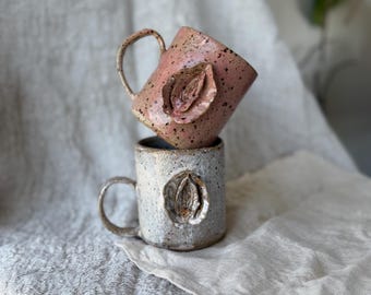 Rustic Wabi Sabi Vulva Ceramic Mug Hand Sculpted Yoni Coffee Cup with Heart Sacred Feminine Art Body Neutrality Gift