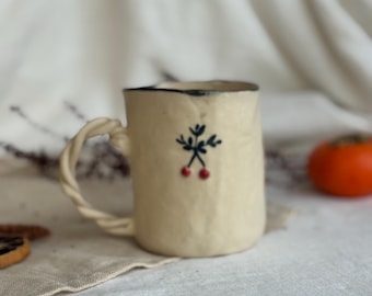 ceramic cherry white/red mug pottery earthy mug rustic minimalist Christmas cup  aesthetic coffee latte  gift for her fired with love
