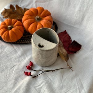 Può includere: Un vaso in ceramica bianca con un taglio a forma di cuore. Il vaso è appoggiato su una superficie con motivo bianco e nero con due zucche arancioni e foglie rosse.