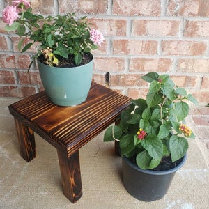 May include: A dark brown wooden plant stand with a light green potted plant with pink flowers on top. A black potted plant with green leaves and yellow and red flowers is on the ground.