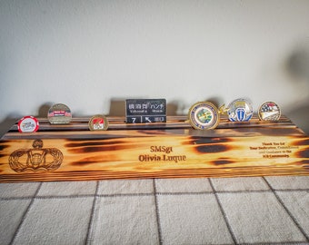 Personalized Wood Recognition Award with Challenge Coin Display – Custom Engraved Desk Plaque