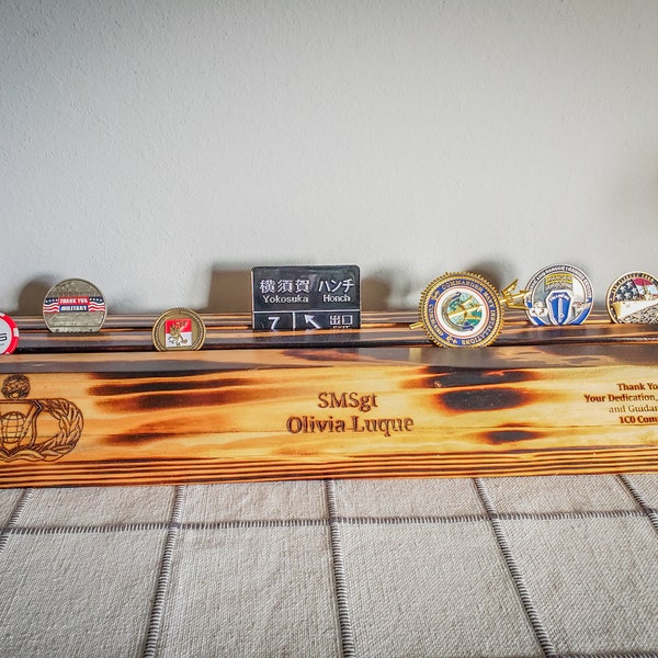 Personalized Wood Coin Display, Military Challenge Coin Holder, Retirement Coin Rack, Challenge Coins Stand for desk, Coin Case Storage