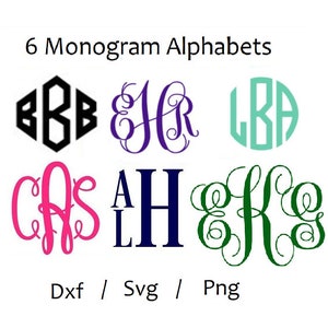 May include: Six monogram alphabet designs in different styles and colors. The designs include a traditional block style, a script style, and a circle style. The text "6 Monogram Alphabets" is at the top of the image. The text "Dxf / Svg / Png" is at the bottom of the image.