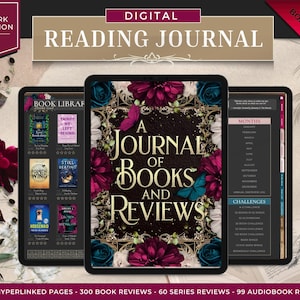 以下が含まれることがあります： 暗い花柄のデザインのデジタル読書ジャーナル。表紙には「A Journal of Books and Reviews」というテキストが書かれています。ジャーナルには、ハイパーリンクされた640ページ、300冊の本のレビュー、60シリーズのレビュー、99冊のオーディオブックのレビューが含まれています。