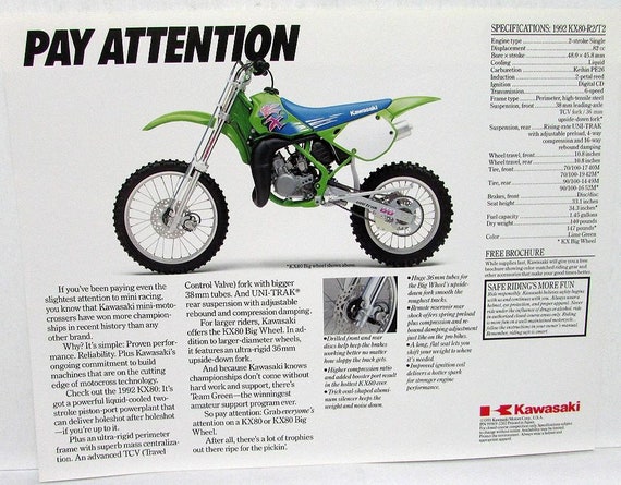 1992 Kawasaki KX 80 Kids Motorcycle Brochure Data Sheet Dirt Bike KX80 R2 T2
