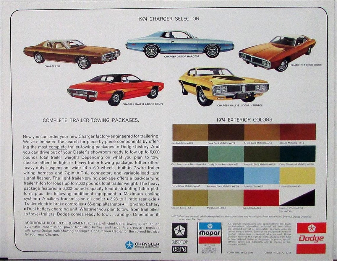 1974 Dodge Charger Color Sales Folder Original Specs Equip Exterior