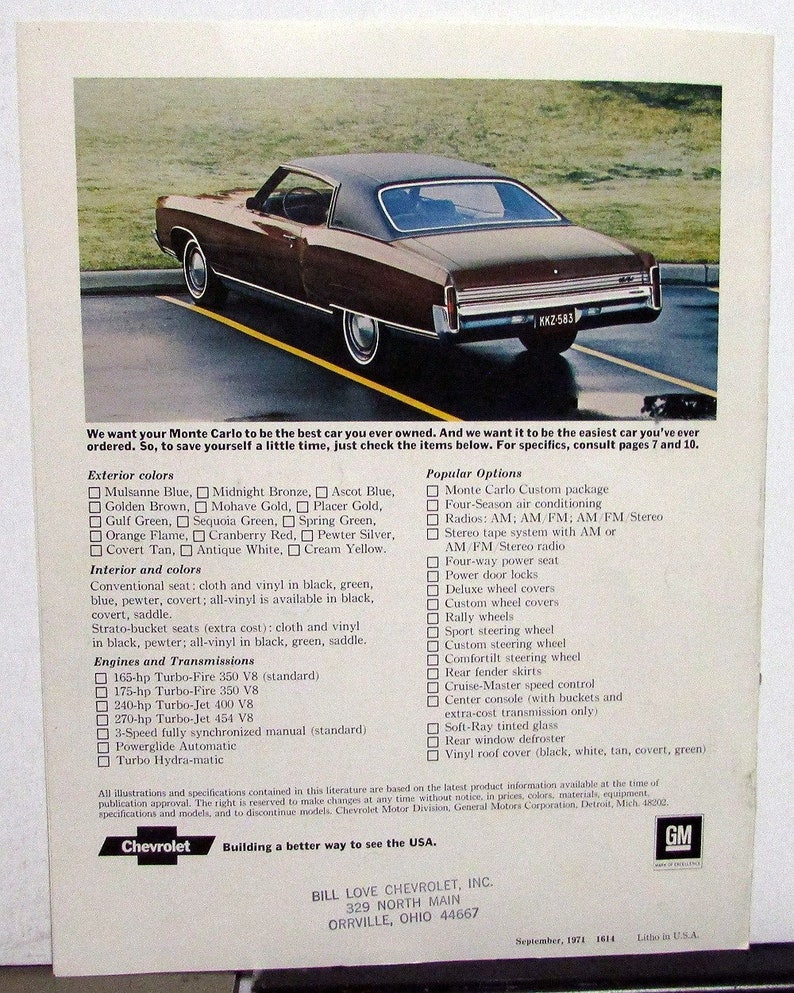 1972 Chevrolet Monte Carlo Color Sales Brochure Original Etsy
