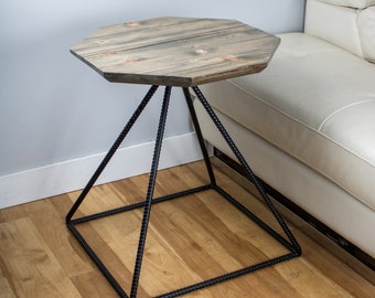 Reclaimed Wood and Metal Pyramid Base Table | Customizable Eco-Friendly Floating Top Design for Dining, Coffee, Hallway and End Tables